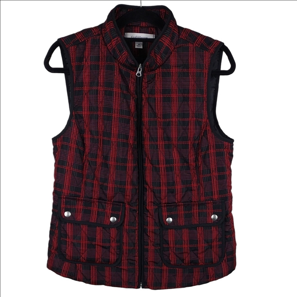 Croft & Barrow Red and Black Plaid Stand Up Collar Zip Up Quilted Outdoor Vest